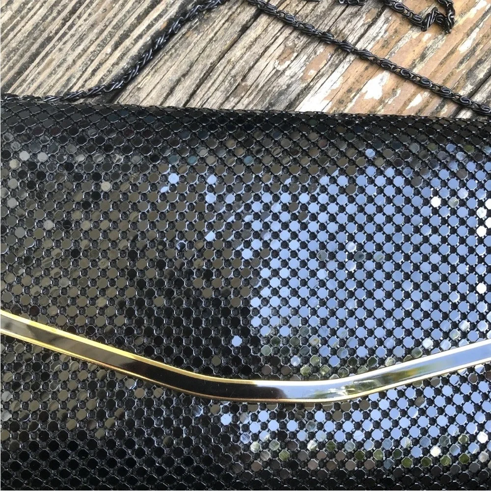 Black Metal Mesh Purse Envelope Clutch Bag Gold Accents Disco Vintage 70s 80s